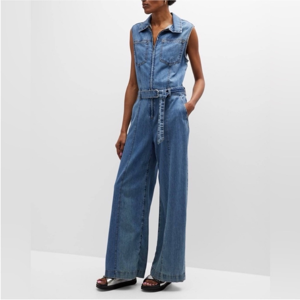 Frame Sleeveless Wide Leg Zip Up Belted Denim Jumpsuit Size Extra Small Nwt